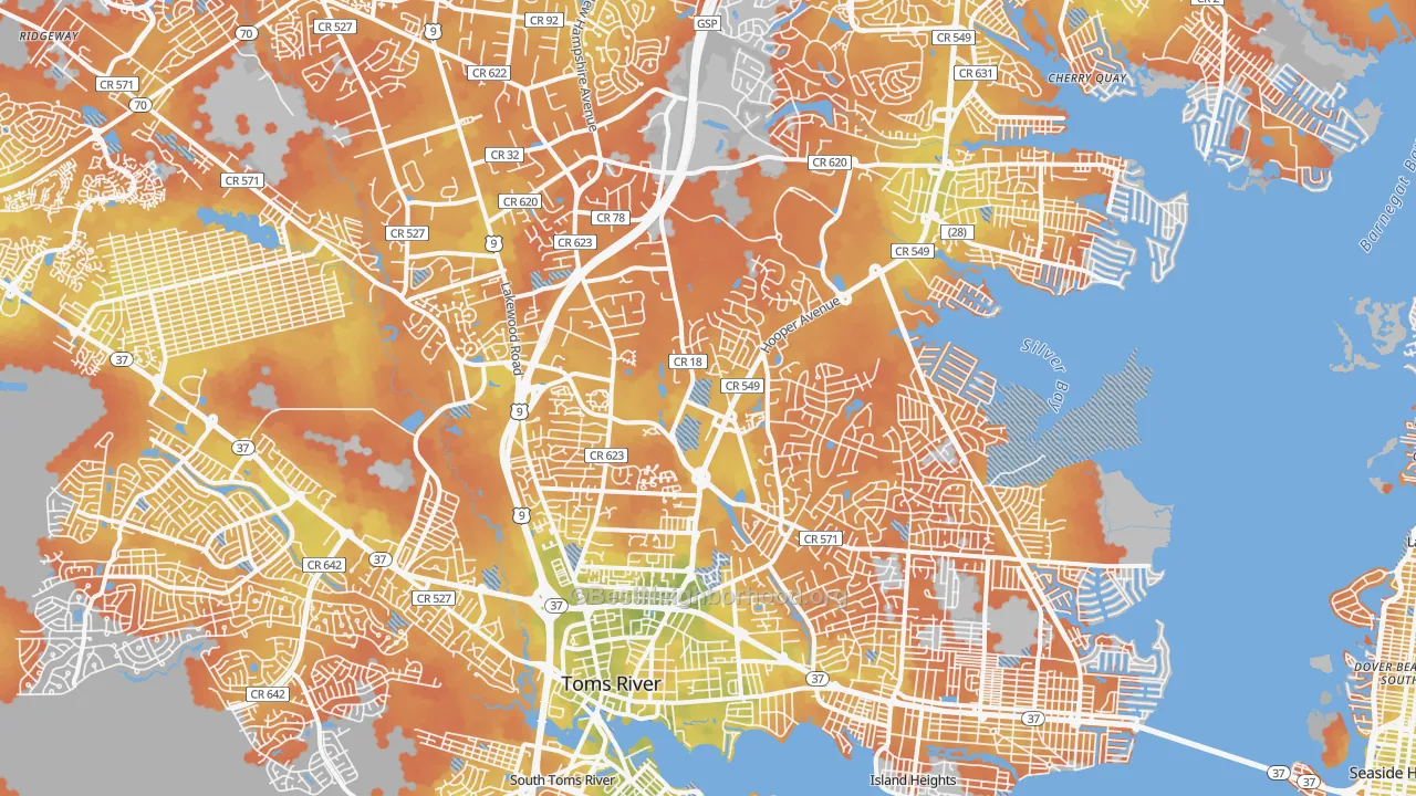 Bike Grade map of Toms River, NJ