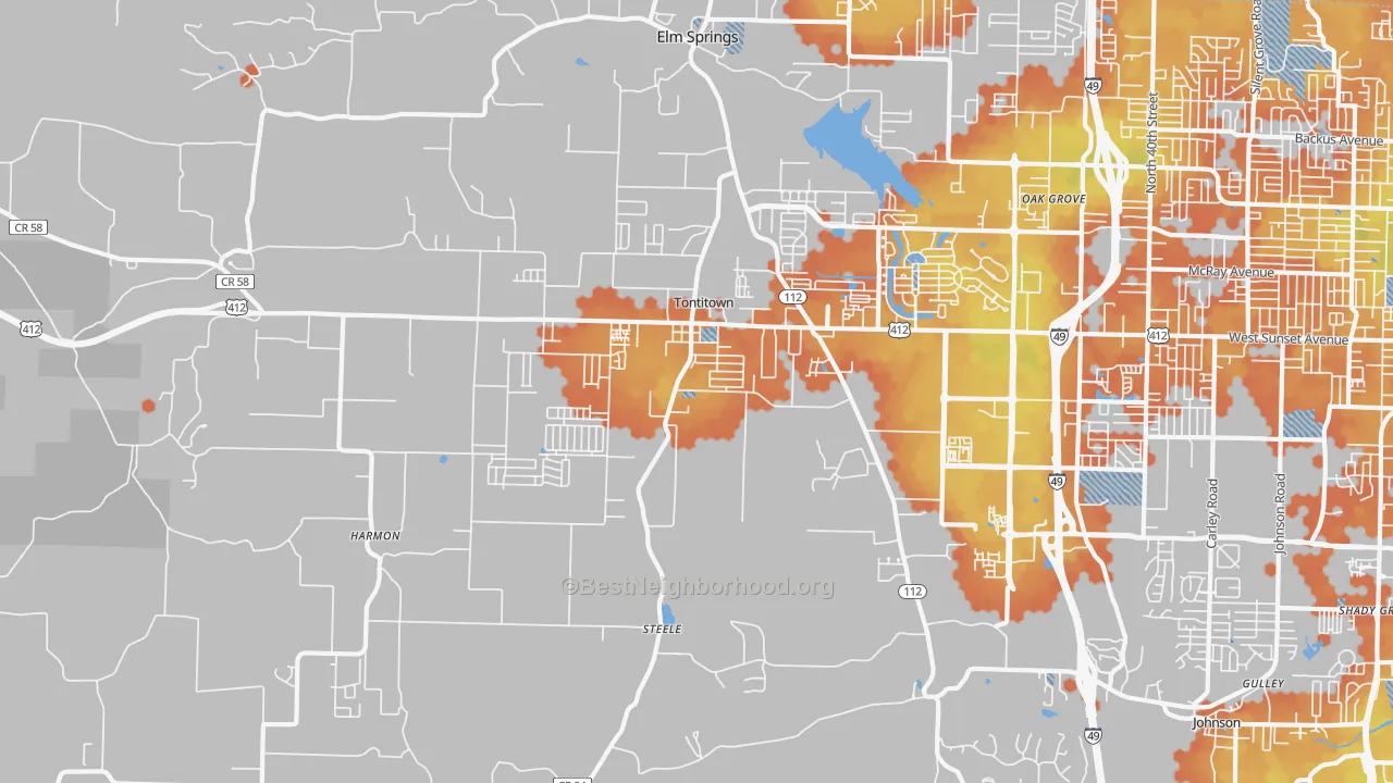 Bike Grade map of Tontitown, AR