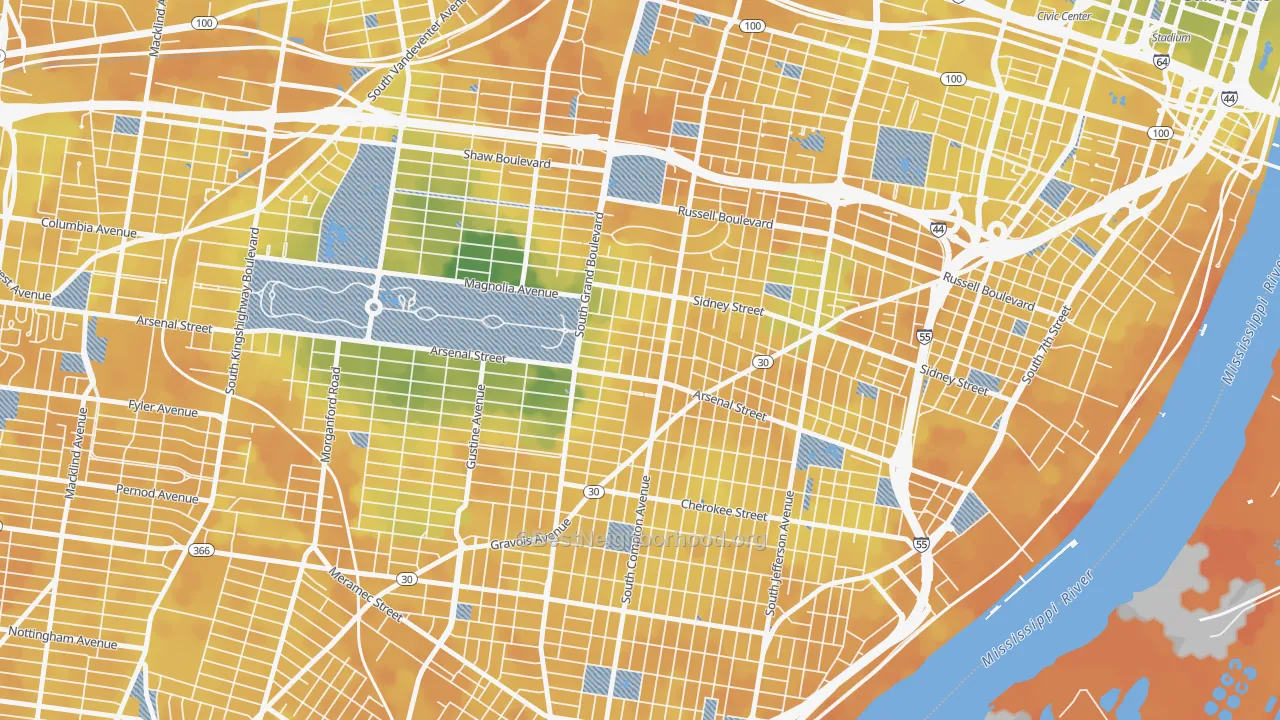 Bike Grade map of Tower Grove East, St. Louis, MO