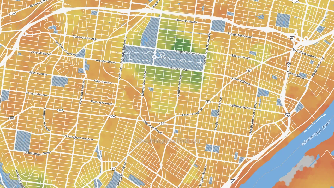 Bike Grade map of Tower Grove South, St. Louis, MO
