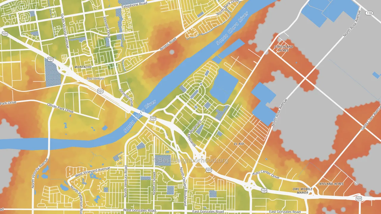 Bike Grade map of Town Center, Oxnard, CA