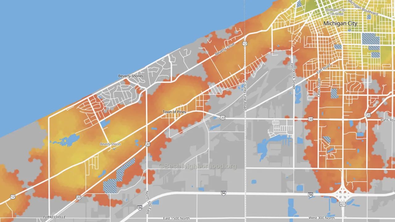 Bike Grade map of Town of Pines, IN