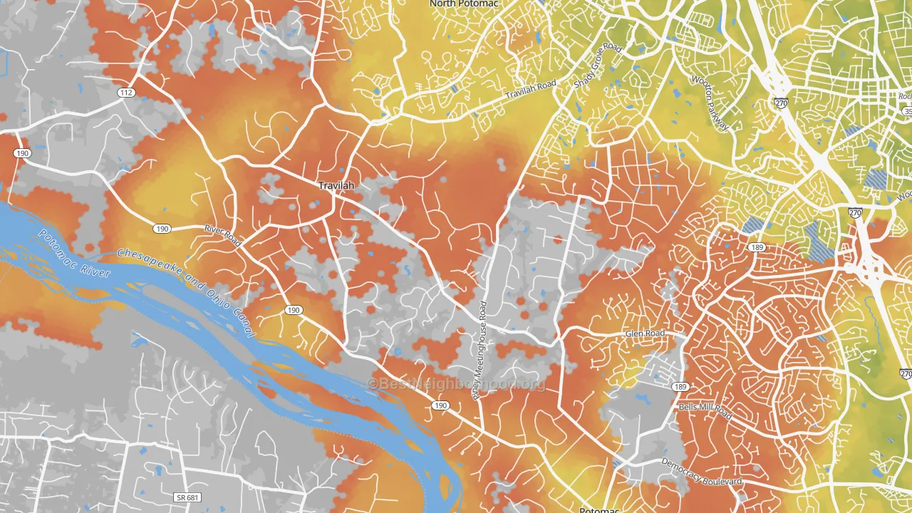 Bike Grade map of Travilah, MD
