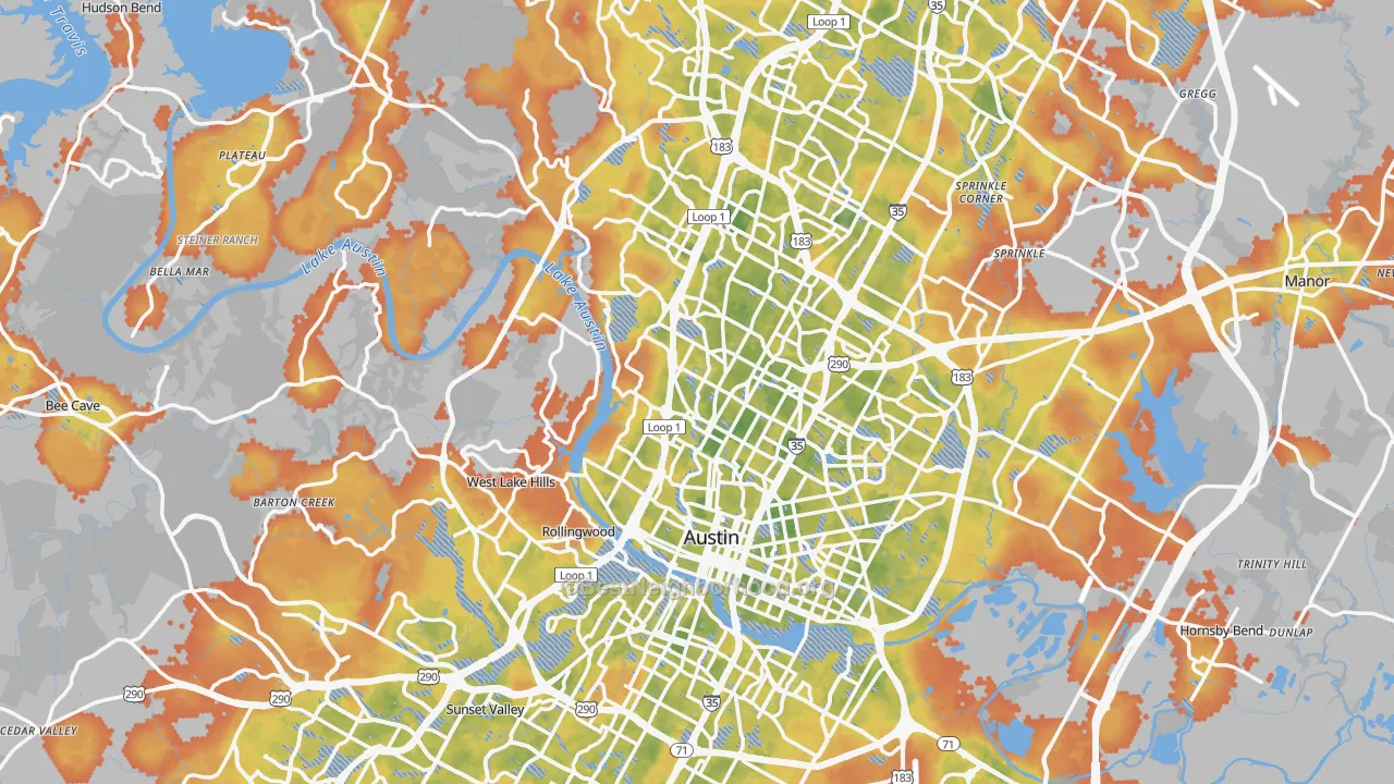 Bike Grade map of Travis County, TX