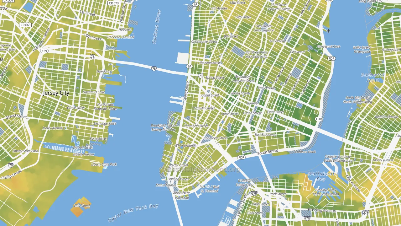 Bike Grade map of Tribeca, Manhattan, NY
