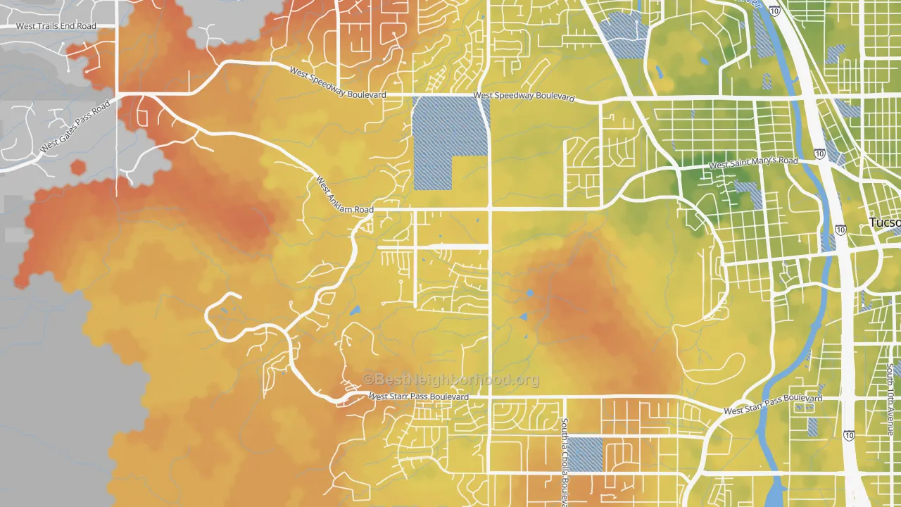 Bike Grade map of Tucson Park West, Tucson, AZ