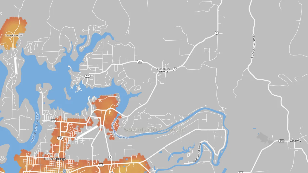 Bike Grade map of Tumbling Shoals, AR