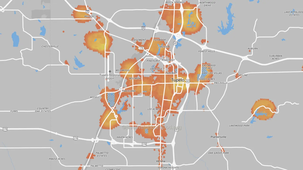 Bike Grade map of Tupelo, MS