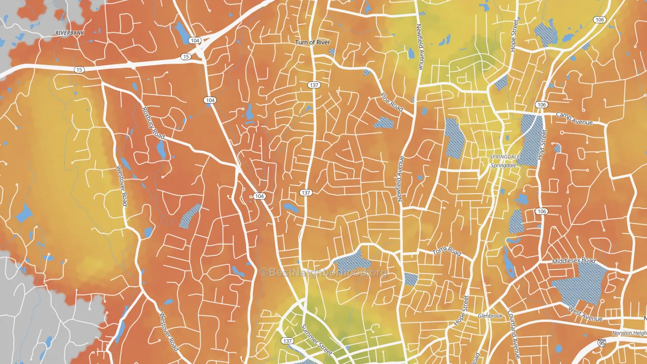 Bike Grade map of Turn of River, Stamford, CT