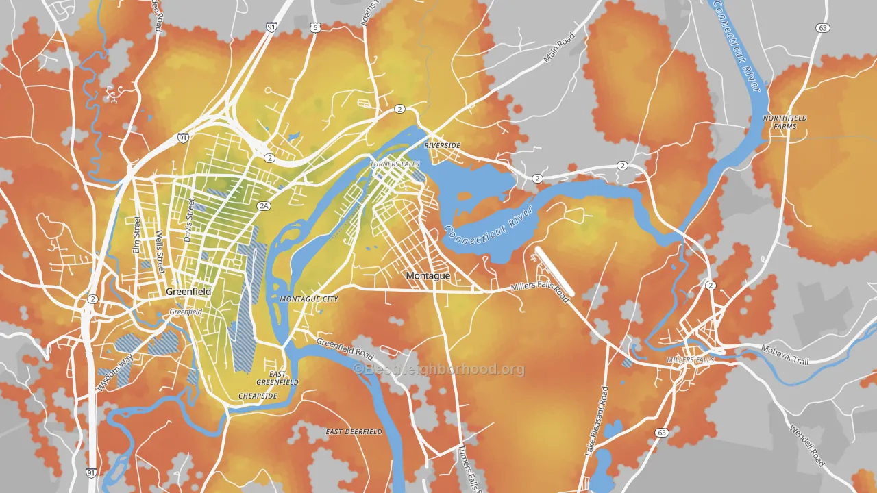Bike Grade map of Turners Falls, MA