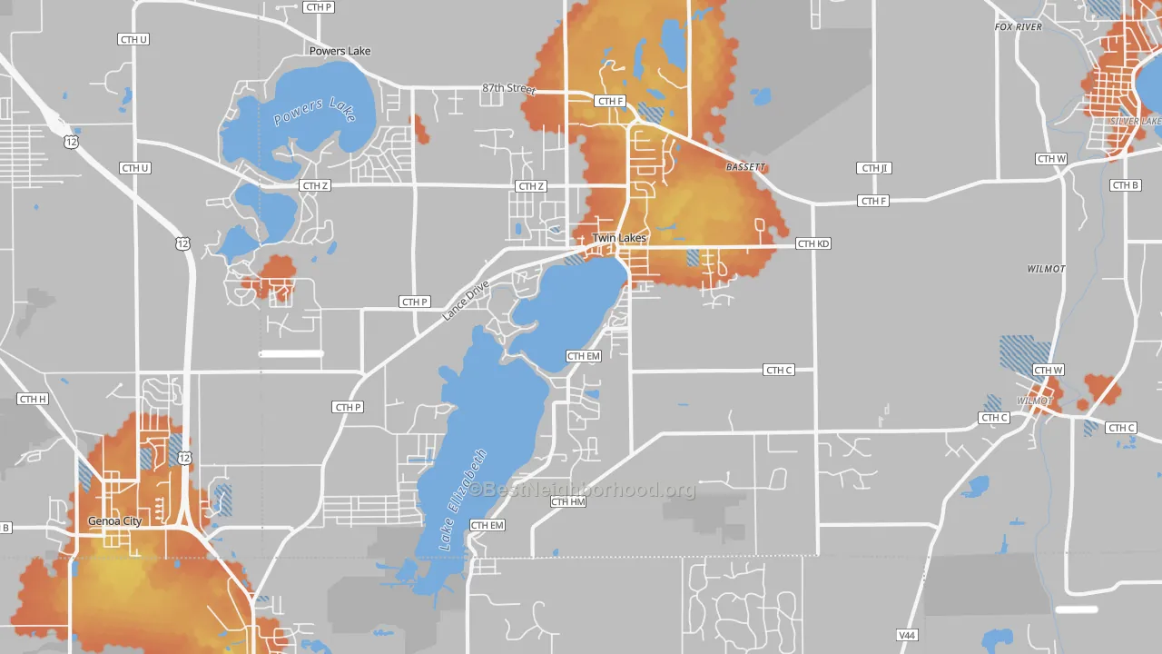 Bike Grade map of Twin Lakes, WI
