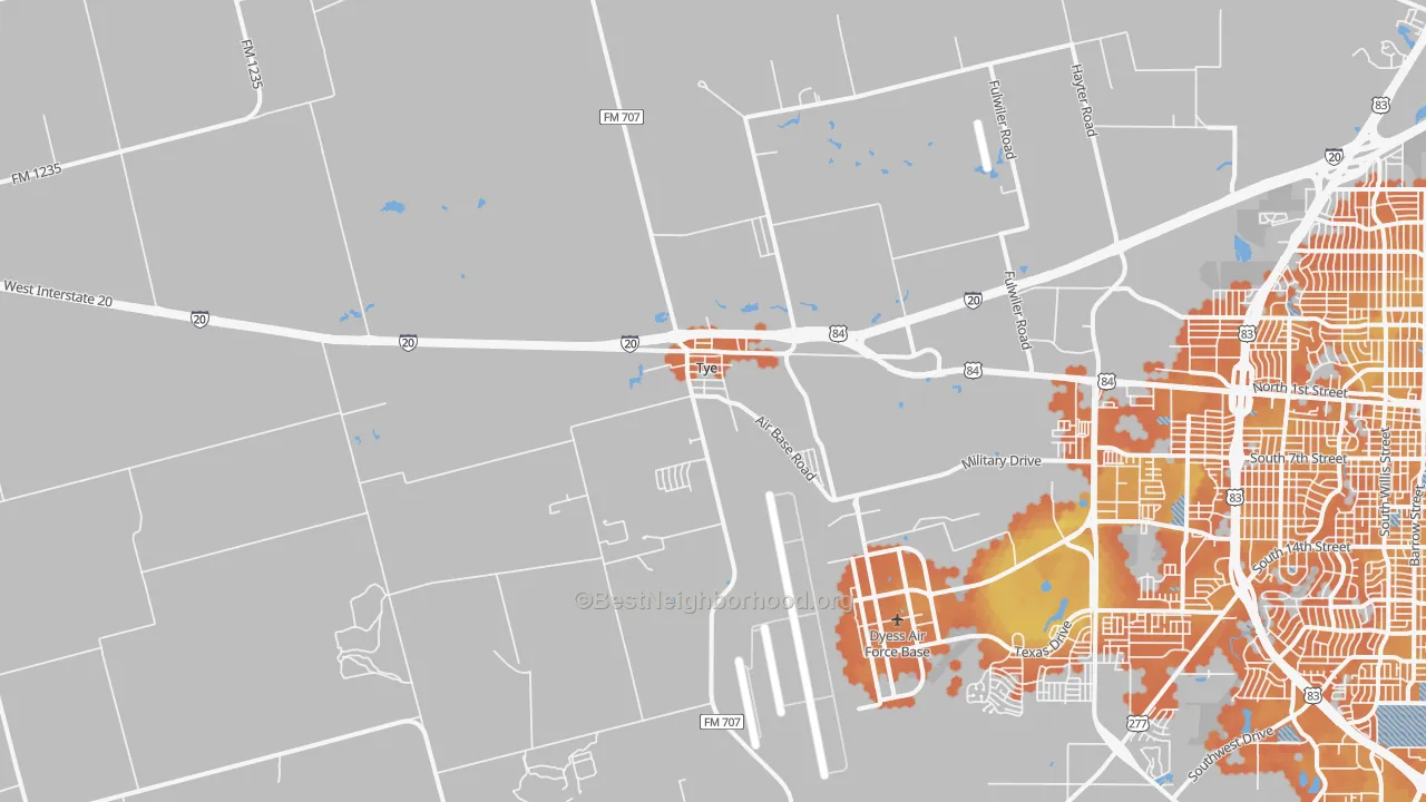 Bike Grade map of Tye, TX