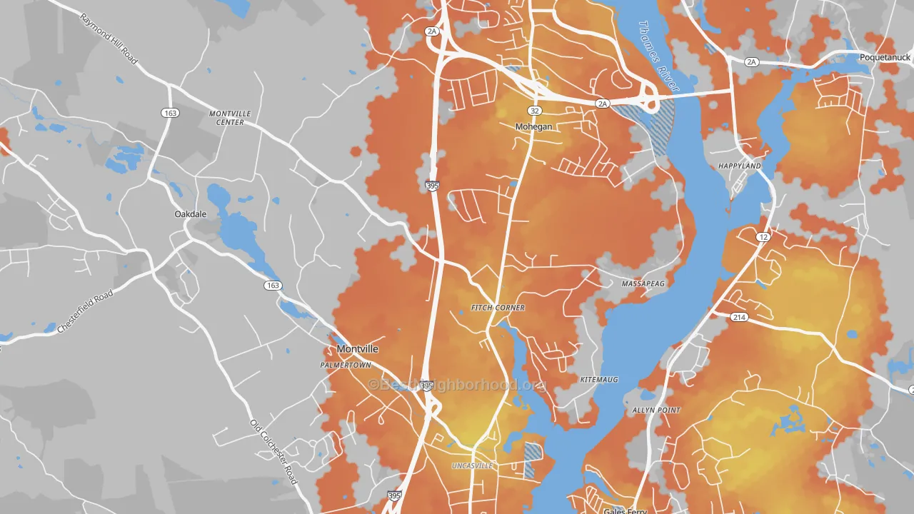 Bike Grade map of Uncasville, CT