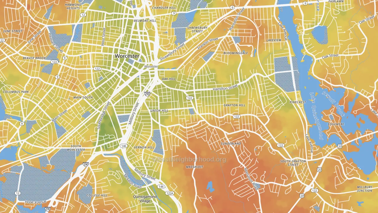 Bike Grade map of Union Hill, Worcester, MA