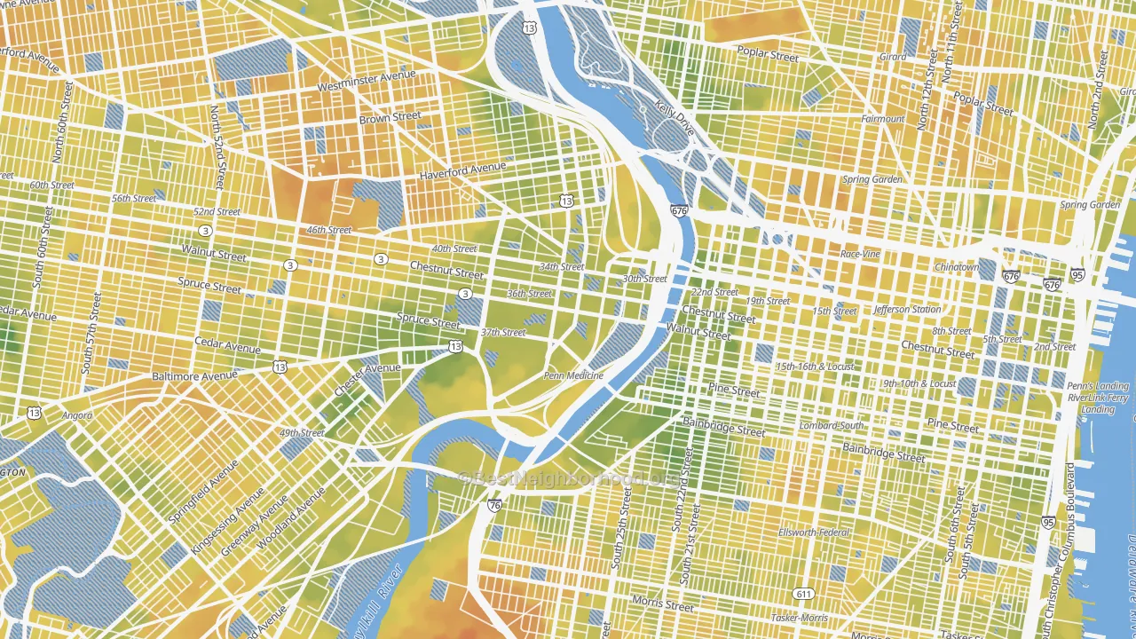 Bike Grade map of University City, Philadelphia, PA