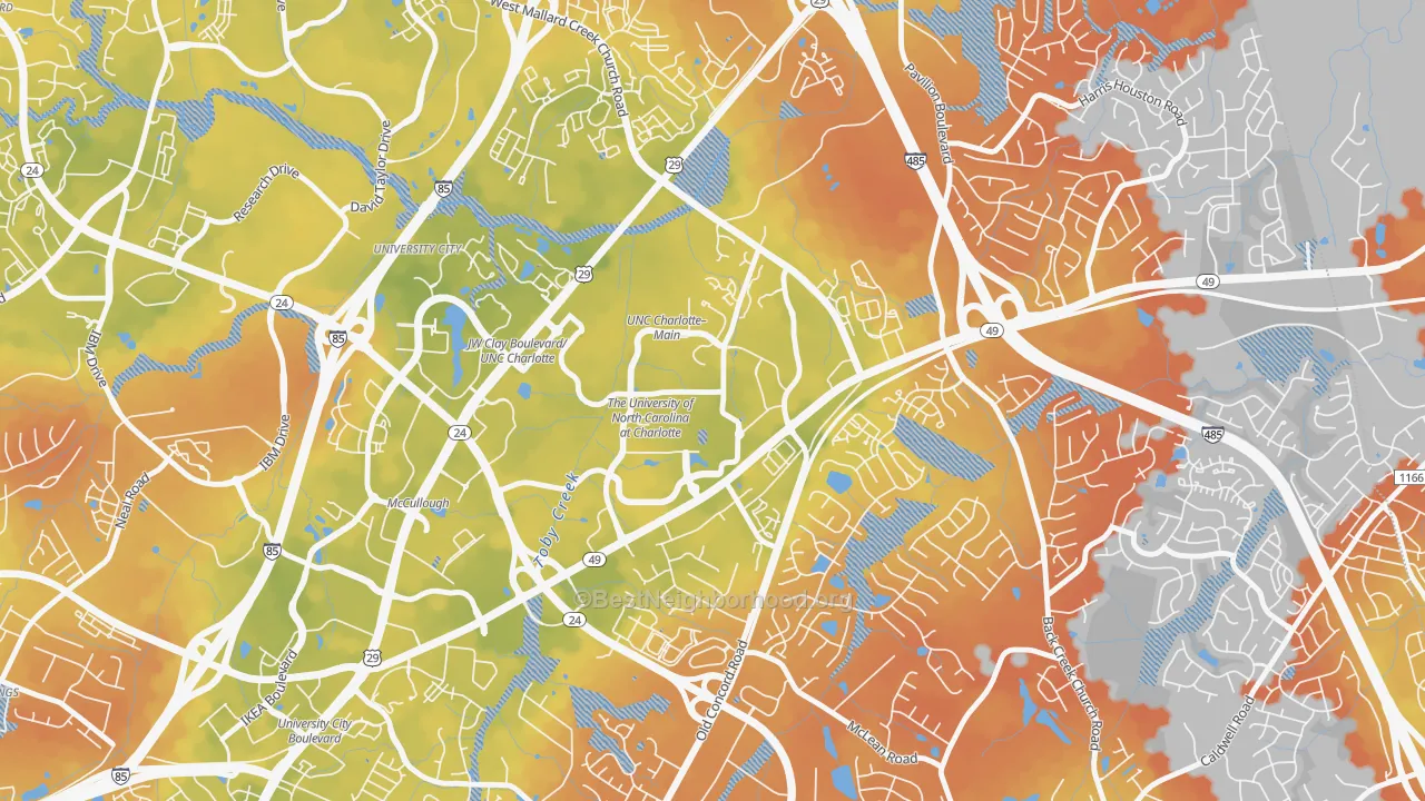 Bike Grade map of University City South, Charlotte, NC