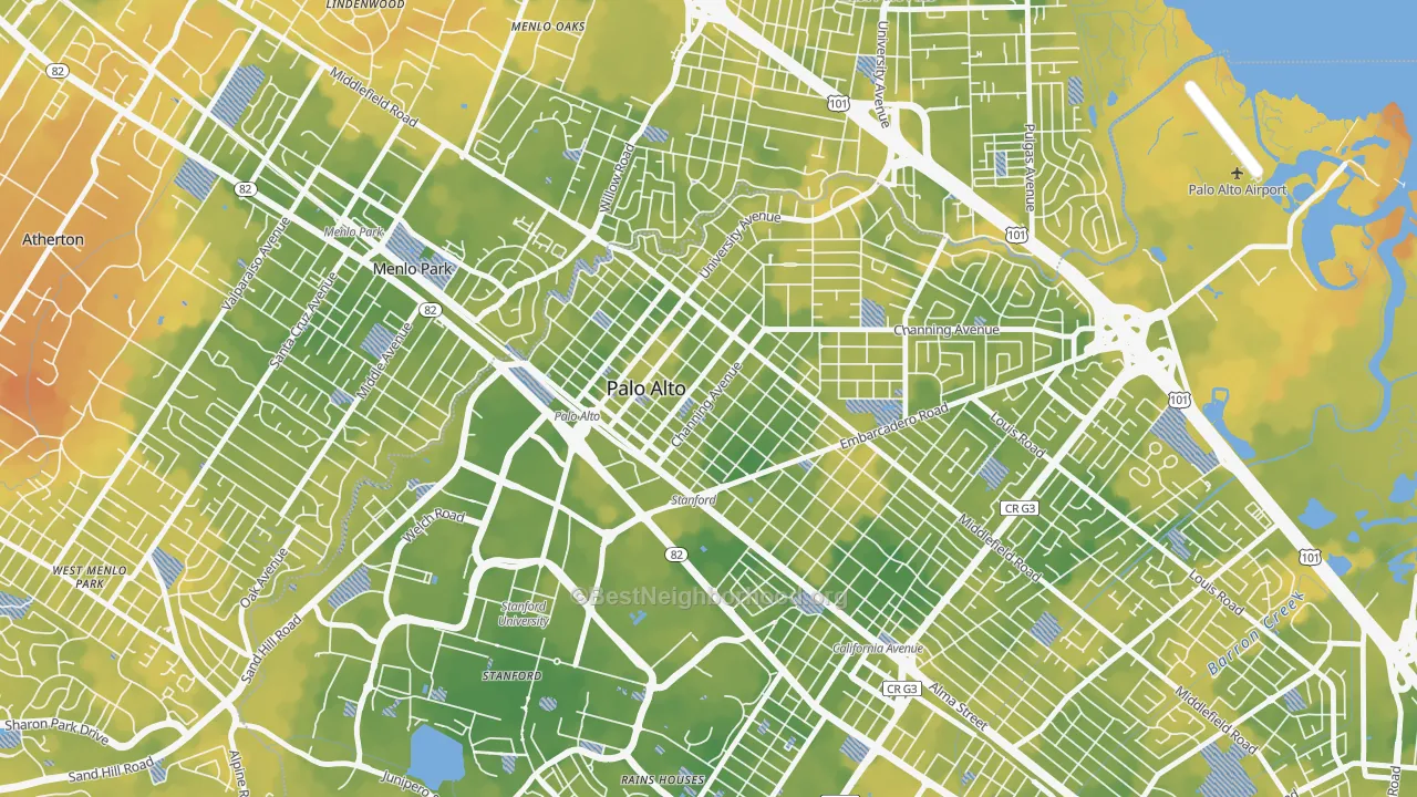 Bike Grade map of University South, Palo Alto, CA
