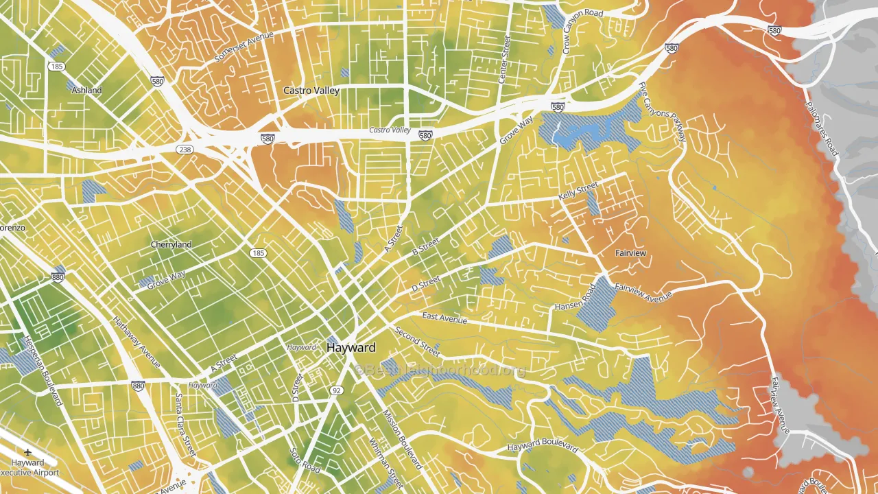 Bike Grade map of Upper B Street, Hayward, CA