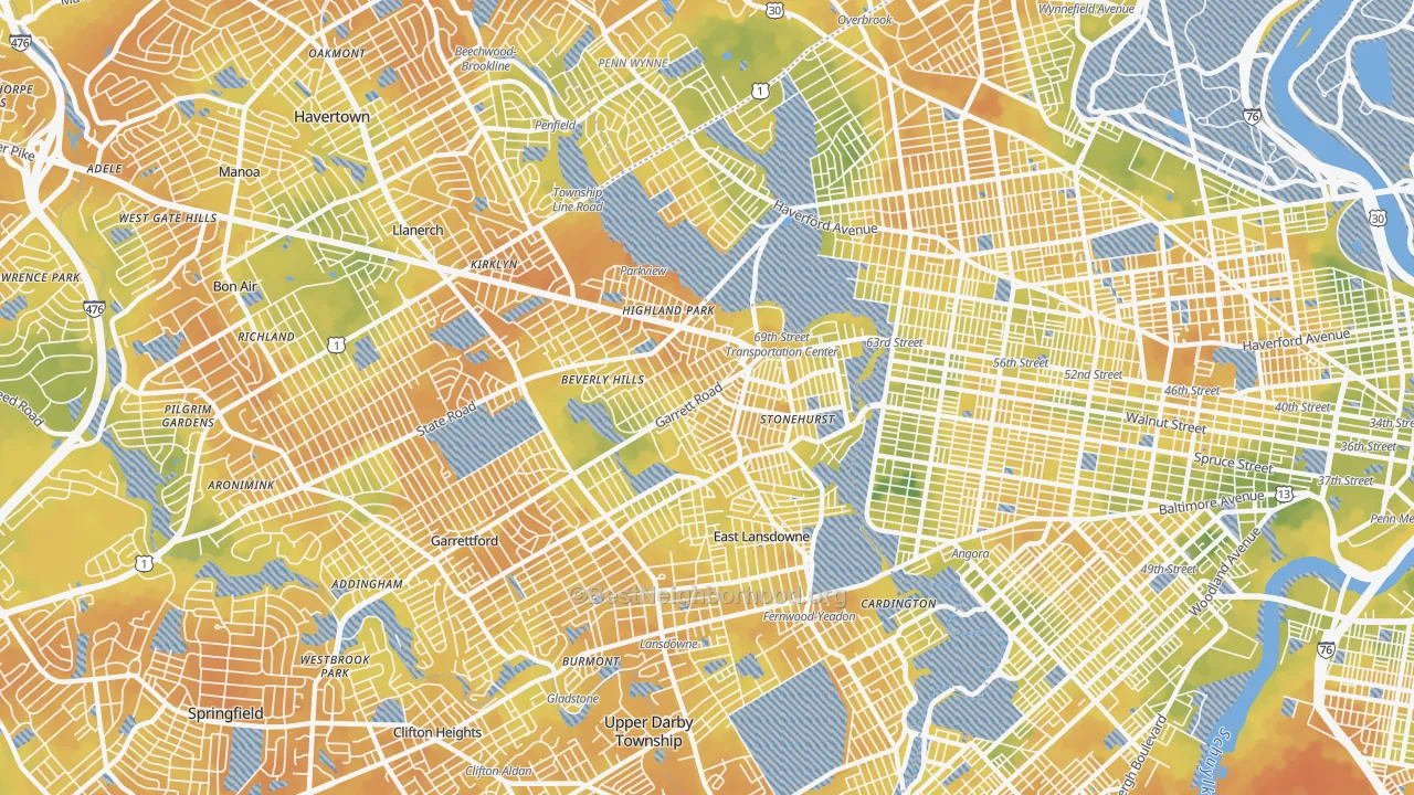 Bike Grade map of Upper Darby, PA
