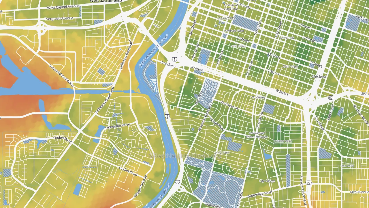 Bike Grade map of Upper Land Park, Sacramento, CA