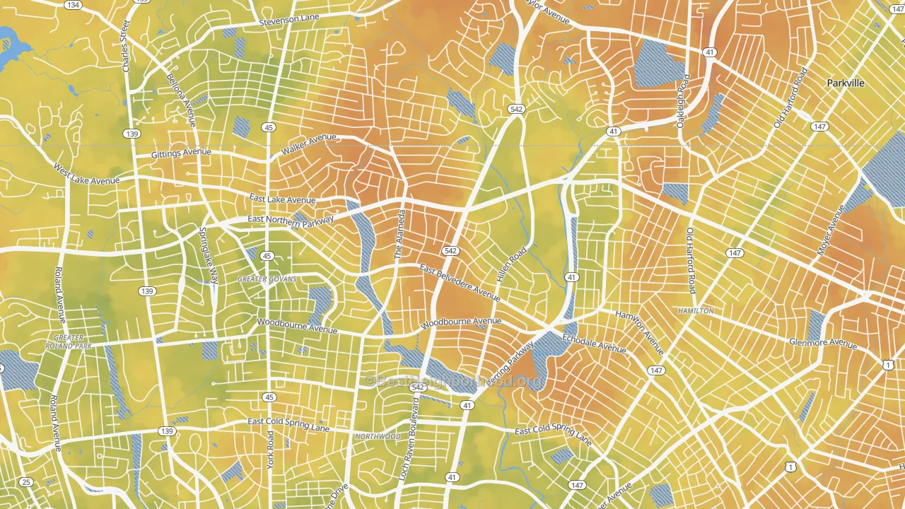 Bike Grade map of Upper Northwood, Baltimore, MD