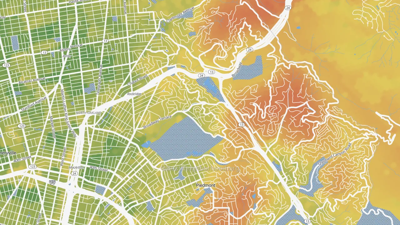 Bike Grade map of Upper Rockridge, Oakland, CA