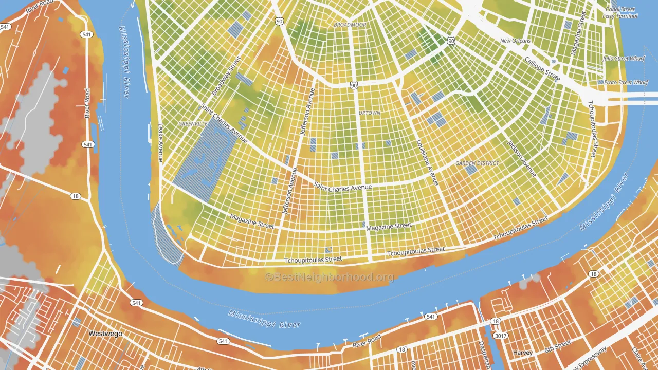 Bike Grade map of Uptown, New Orleans, LA