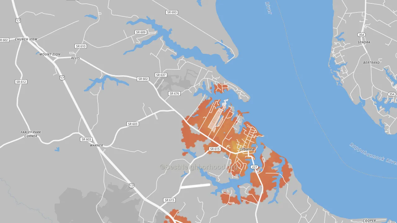 Bike Grade map of Urbanna, VA