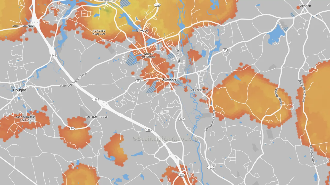 Bike Grade map of Uxbridge, MA