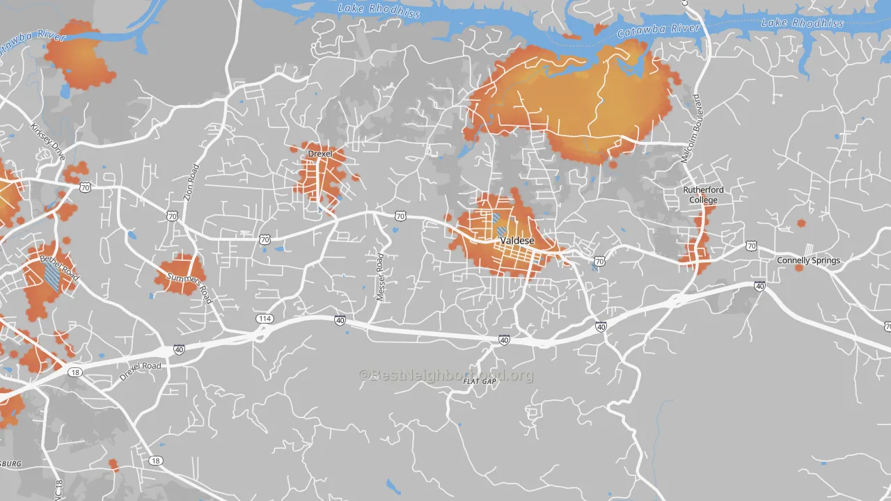 Bike Grade map of Valdese, NC