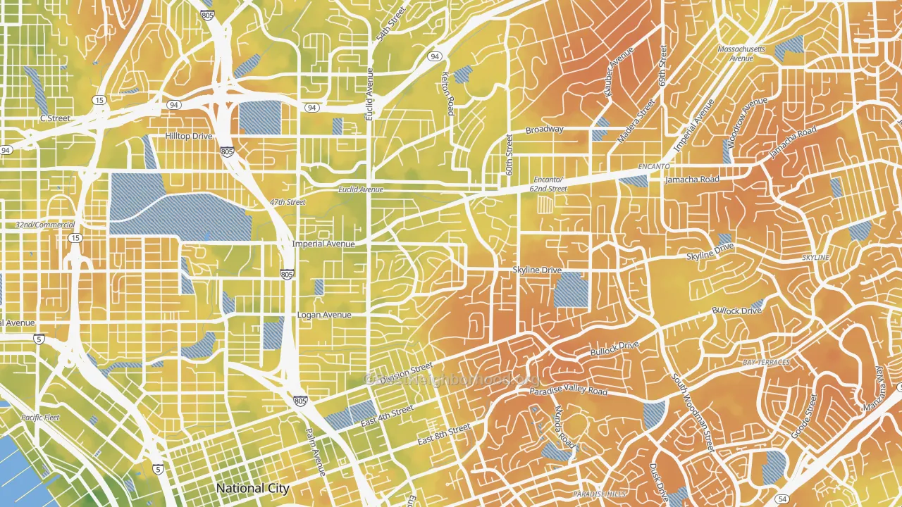 Bike Grade map of Valencia Park, San Diego, CA