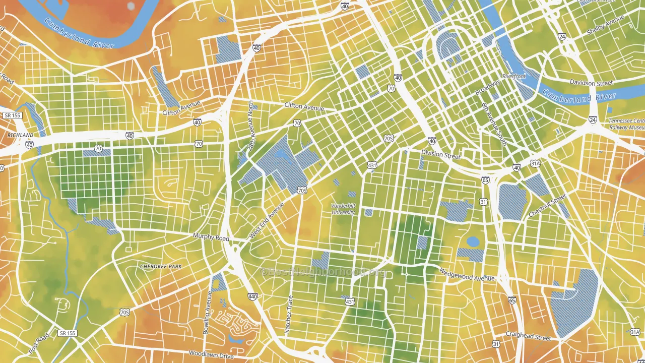 Bike Grade map of Vanderbilt-West End, Nashville, TN