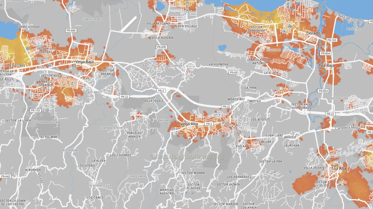Bike Grade map of Vega Alta Municipio, PR