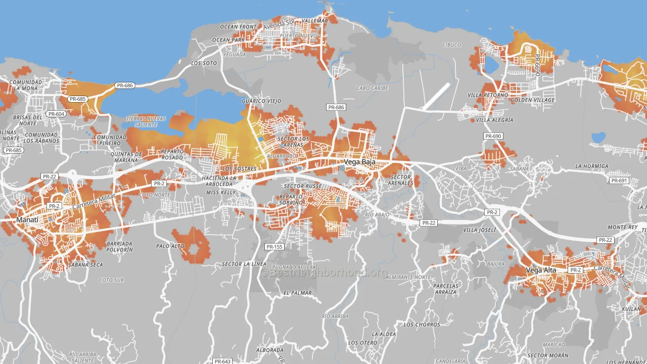 Bike Grade map of Vega Baja Municipio, PR