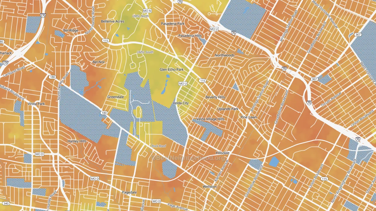 Bike Grade map of Velda City, MO