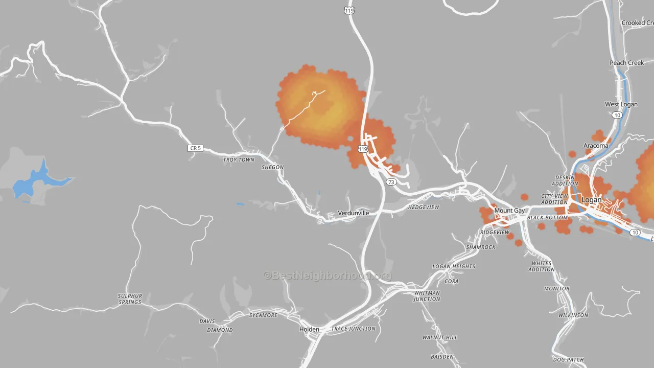 Bike Grade map of Verdunville, WV
