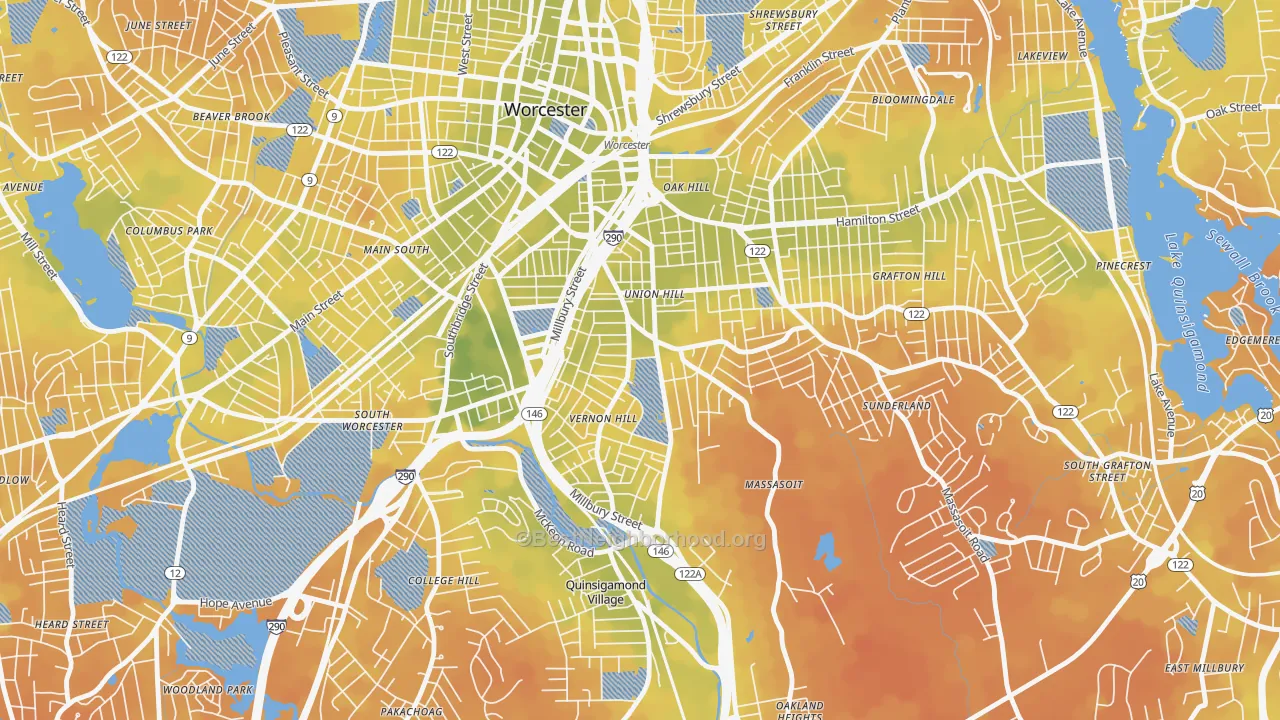 Bike Grade map of Vernon Hill, Worcester, MA