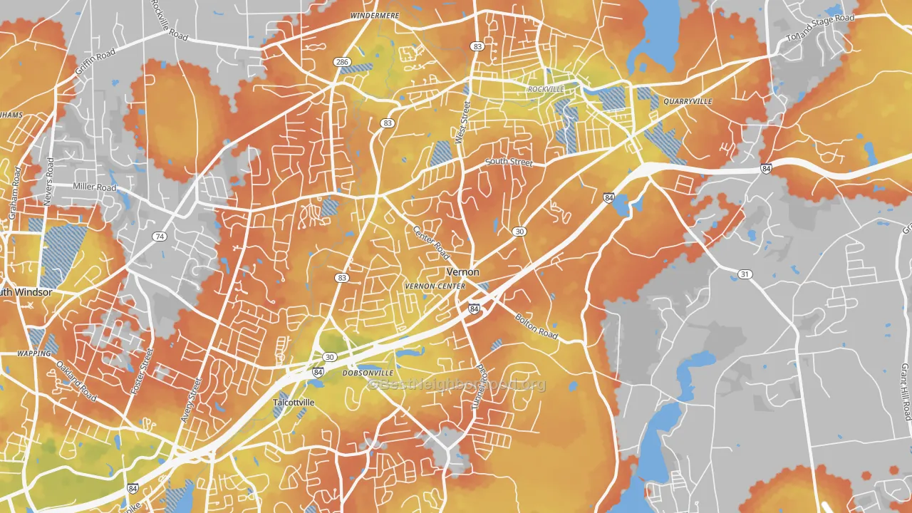 Bike Grade map of Vernon-Rockville, CT
