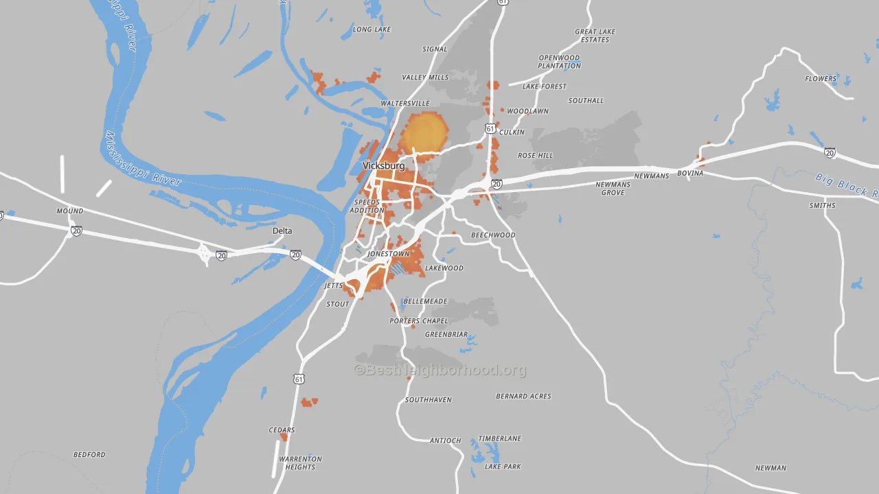 Bike Grade map of Vicksburg, MS