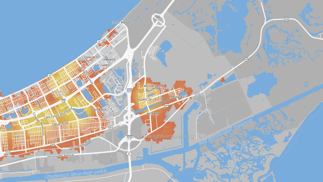 Bike Grade map of Village de L'Est, New Orleans, LA