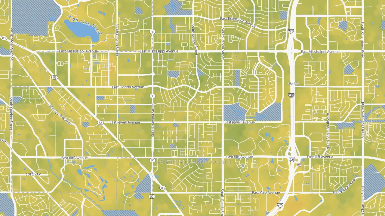 Bike Grade map of Village East, Aurora, CO