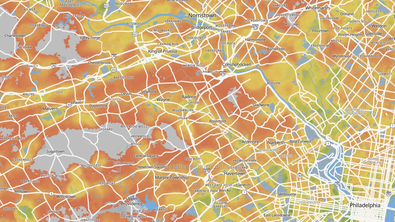 Bike Grade map of Villanova, PA
