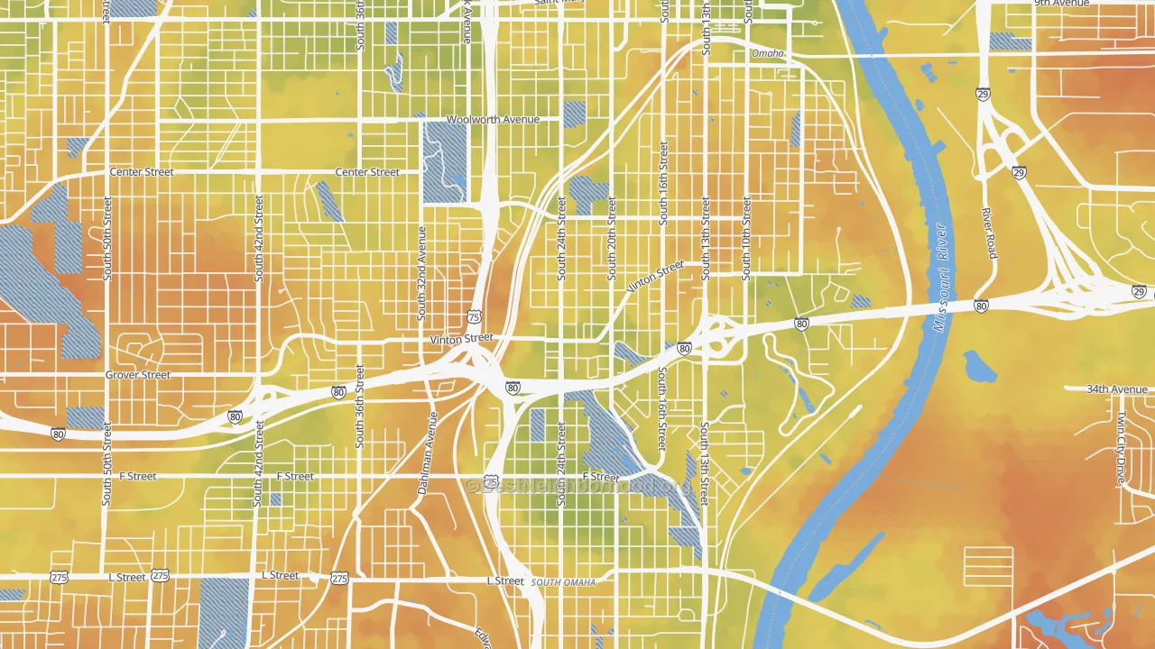 Bike Grade map of Vinton Street, Omaha, NE