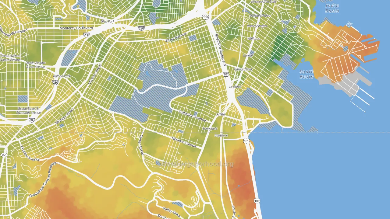 Bike Grade map of Visitacion Valley, San Francisco, CA