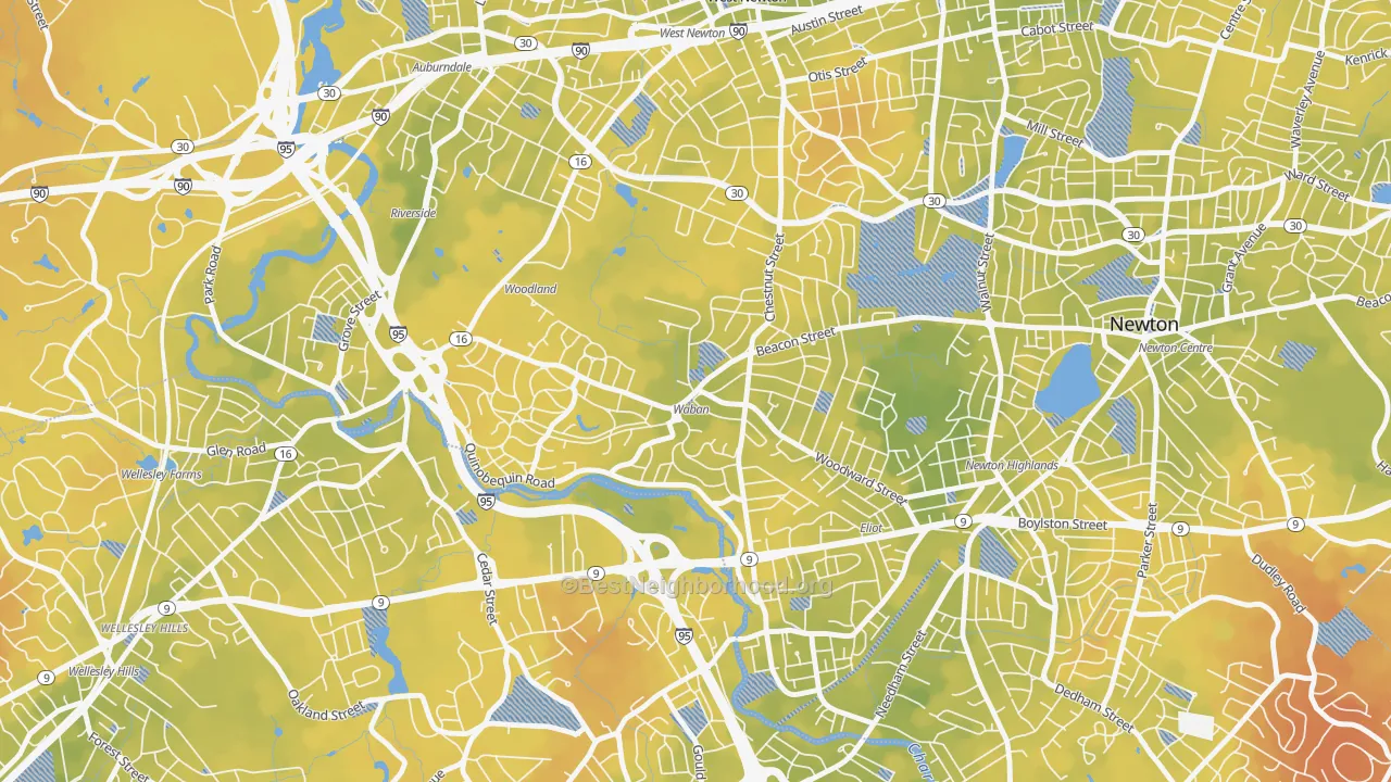 Bike Grade map of Waban, MA