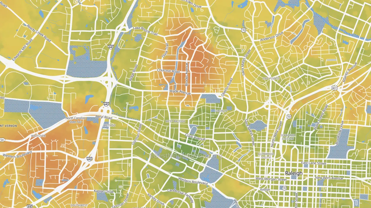 Bike Grade map of Wade, Raleigh, NC