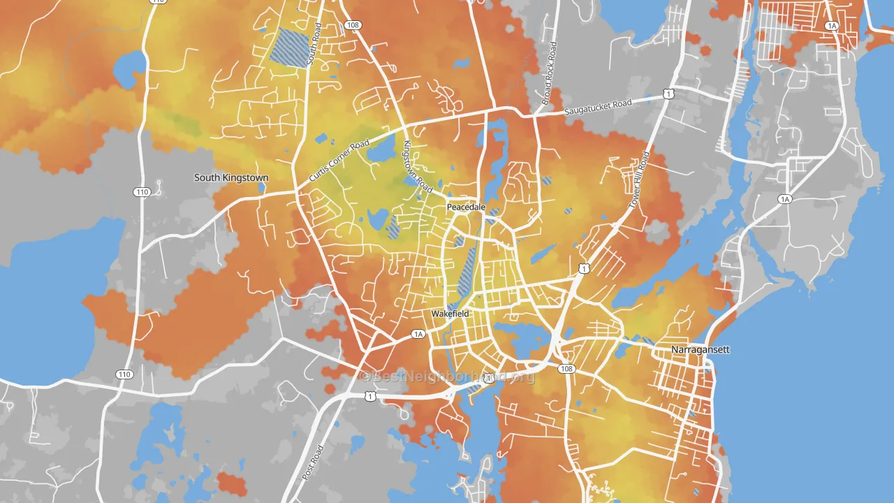 Bike Grade map of Wakefield-Peacedale, RI