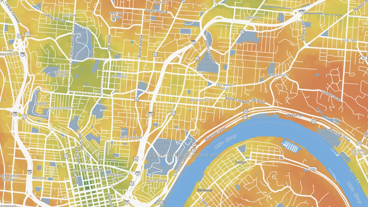 Bike Grade map of Walnut Hills, Cincinnati, OH