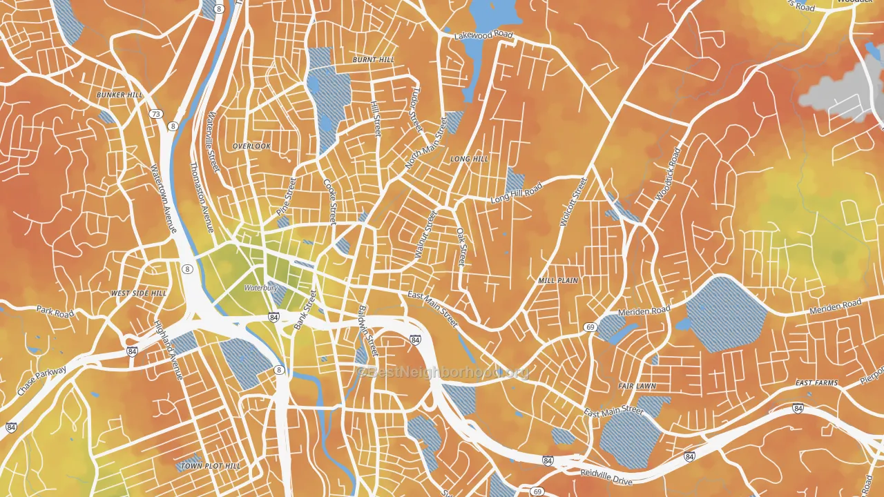 Bike Grade map of Walnut Orange Walsh, Waterbury, CT