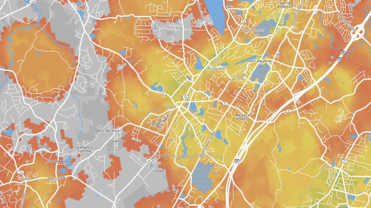 Bike Grade map of Walpole, MA